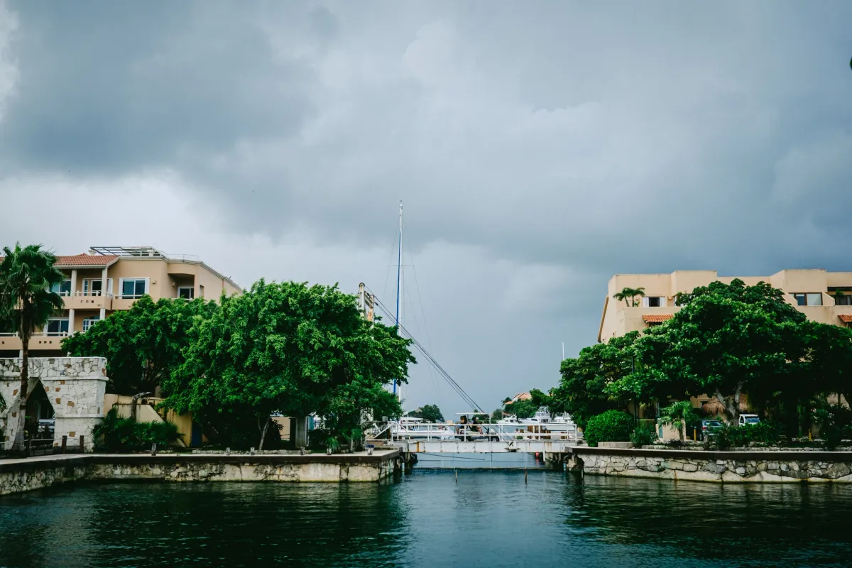 Canal lined with buildings and trees beneath gray rain clouds