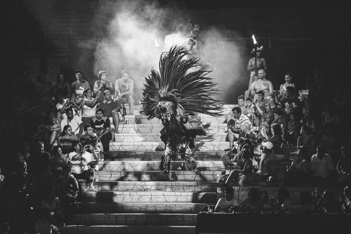 Black and white close performance scene at Xcaret in Mexico