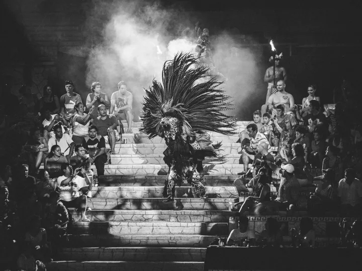 Black and white close performance scene at Xcaret in Mexico