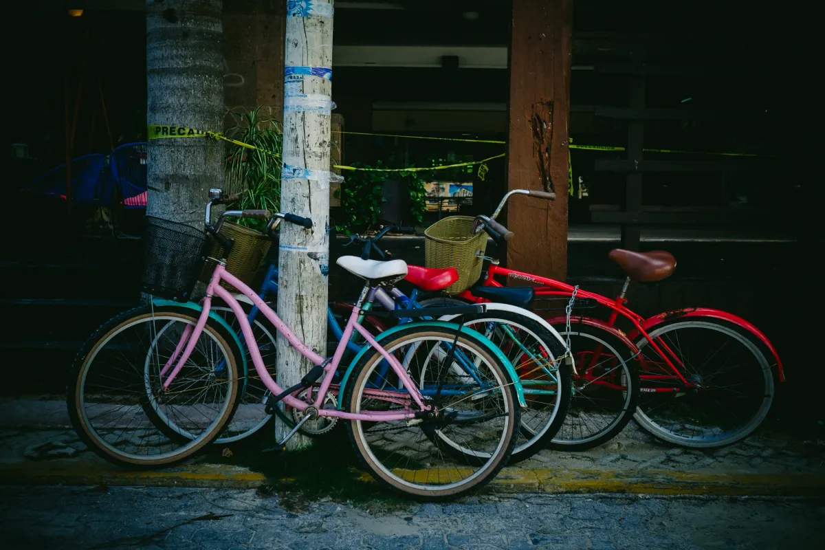 Row of pink and red bicycles parked in shade on a city street
