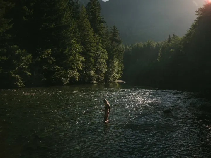 Person standing in a dark river surrounded by forest