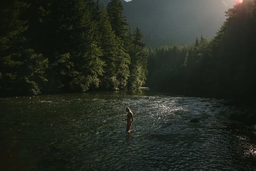Person standing in a dark river surrounded by forest