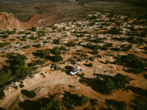 Aerial view of dry earth with winding tracks and low vegetation