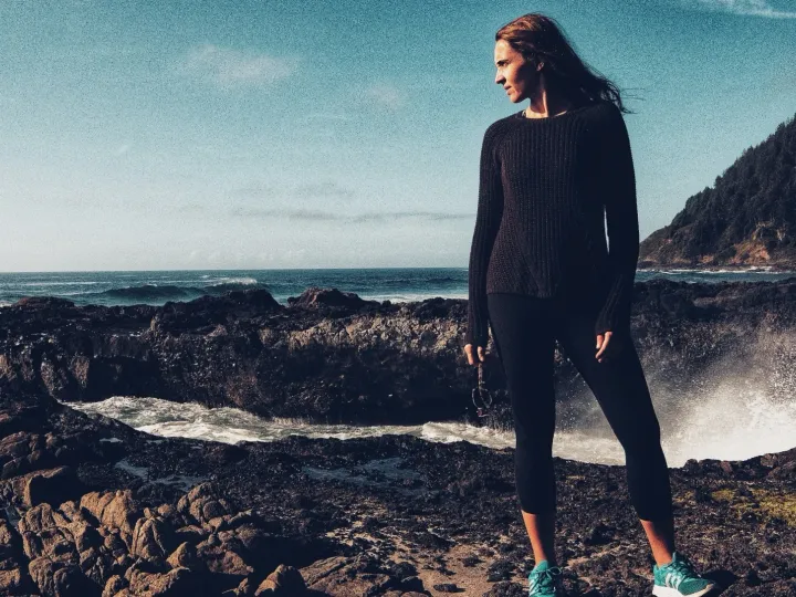 Woman standing on a rocky shore in dark clothing with ocean behind her