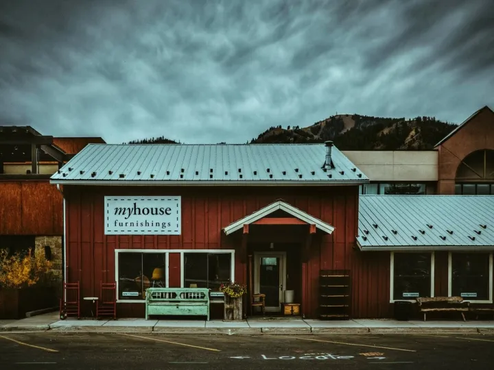 Red small town building in winter snow