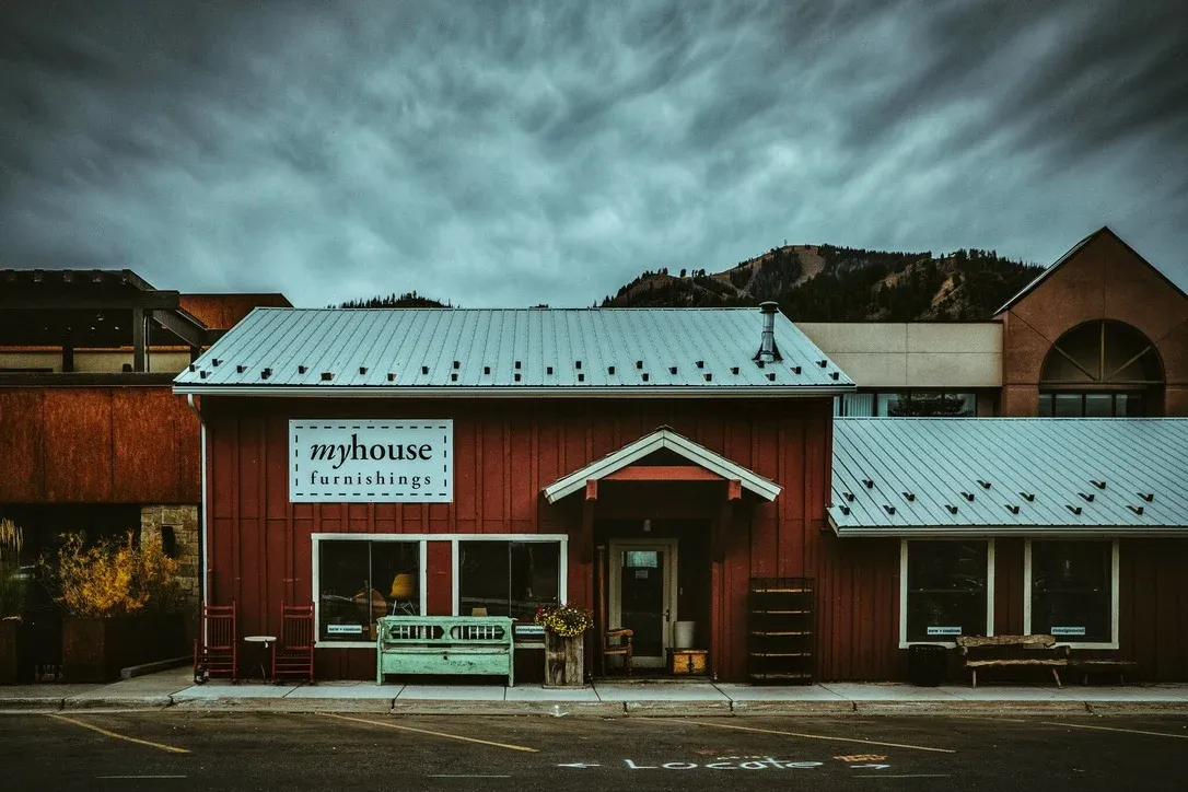 Red small town building in winter snow