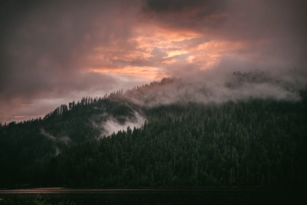 Pink storm clouds breaking over dark forested hills at sunset