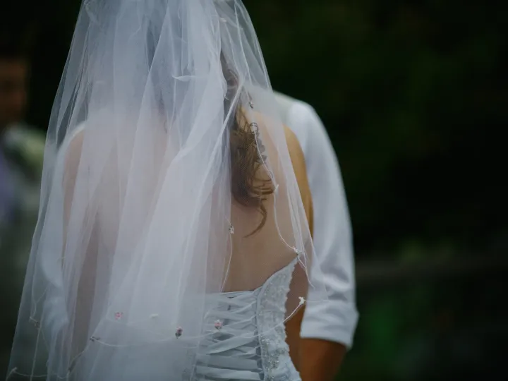 Close-up of a bride's lace-up dress back and sheer veil during an outdoor ceremony