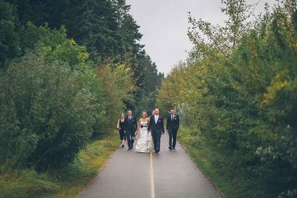 Wedding party walking together down a quiet tree-lined road