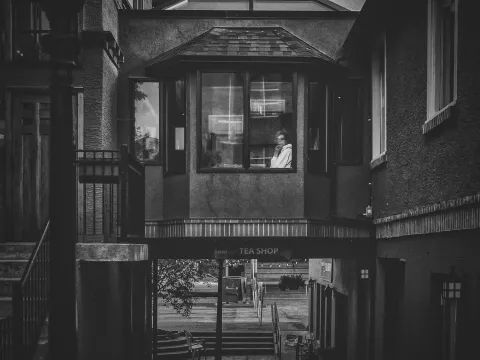 Black and white interior scene with storefront windows and quiet contrast